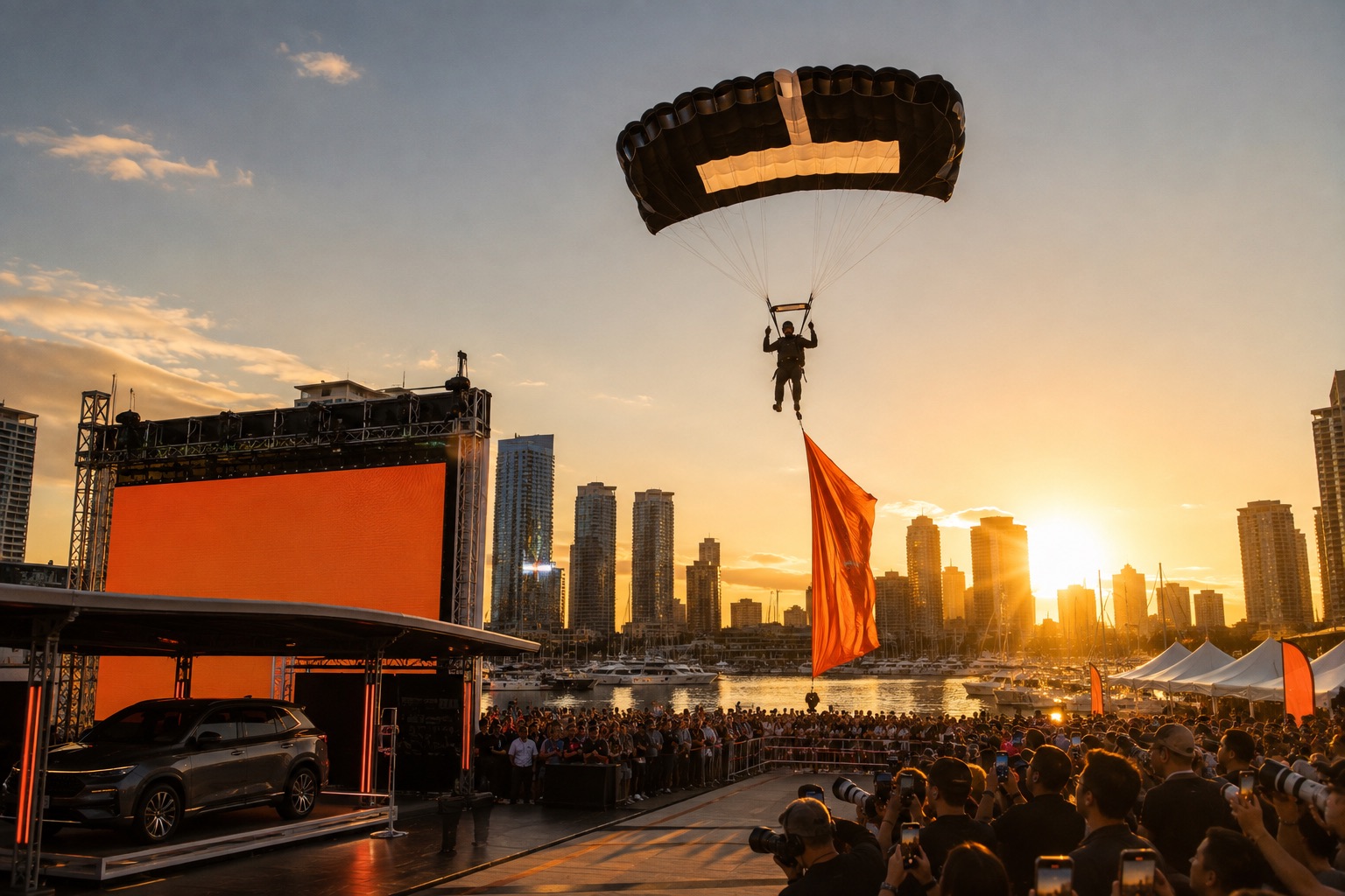 Parachutist with branded canopy delivering a banner into a product launch event at a city marina