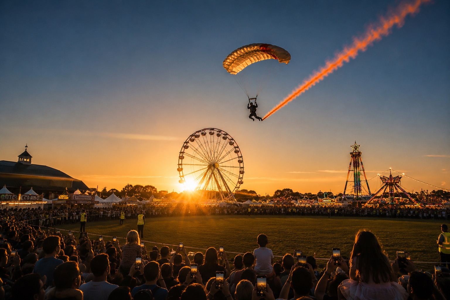 Parachutist with smoke trail descending over a fairground crowd at sunset, Ferris wheel behind