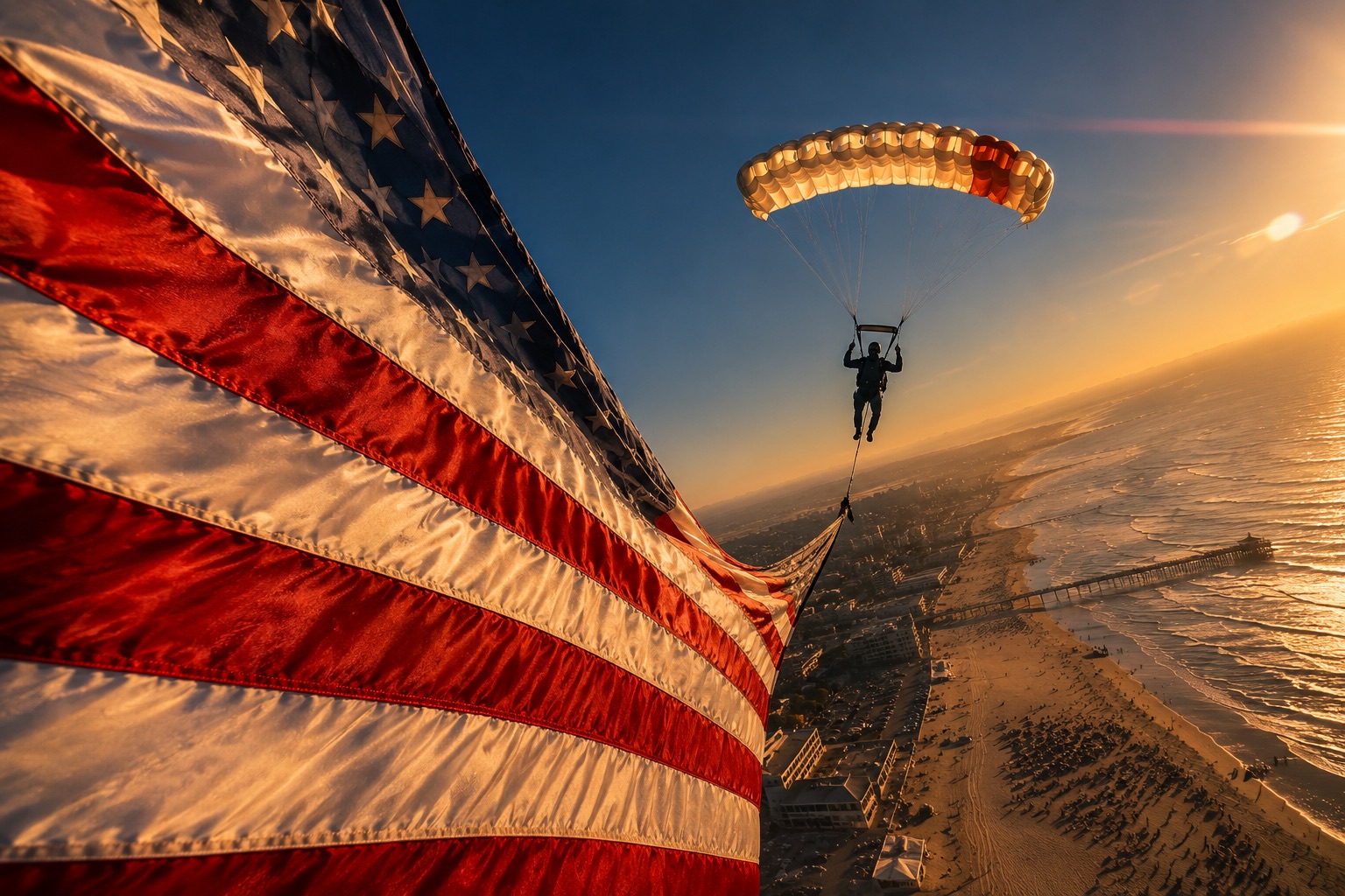 Parachutist trailing an American flag over a crowded beach at sunset